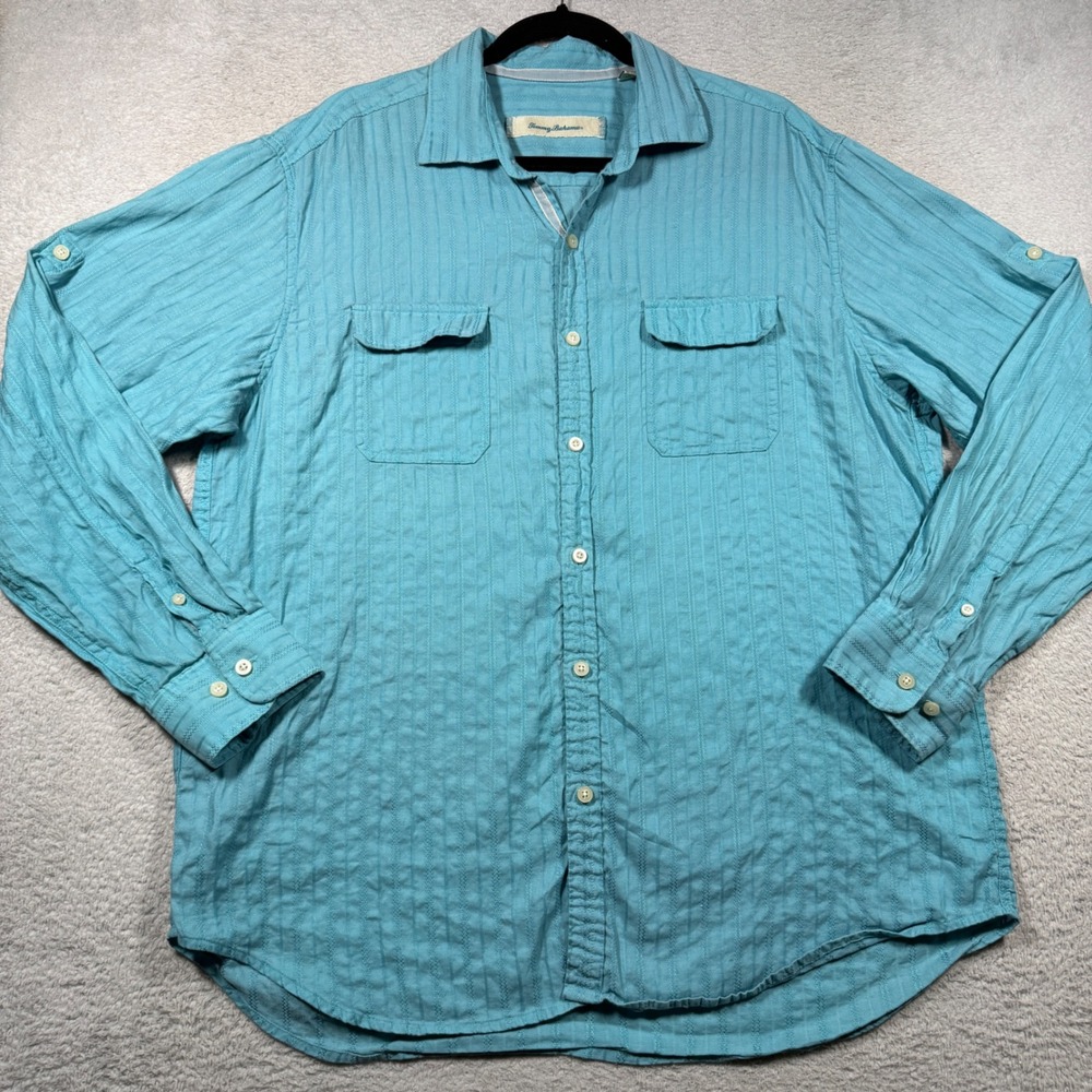 Tommy Bahama Button Down Mens L Blue Linen Cotton Roll Tab Sleeve Beach Casual